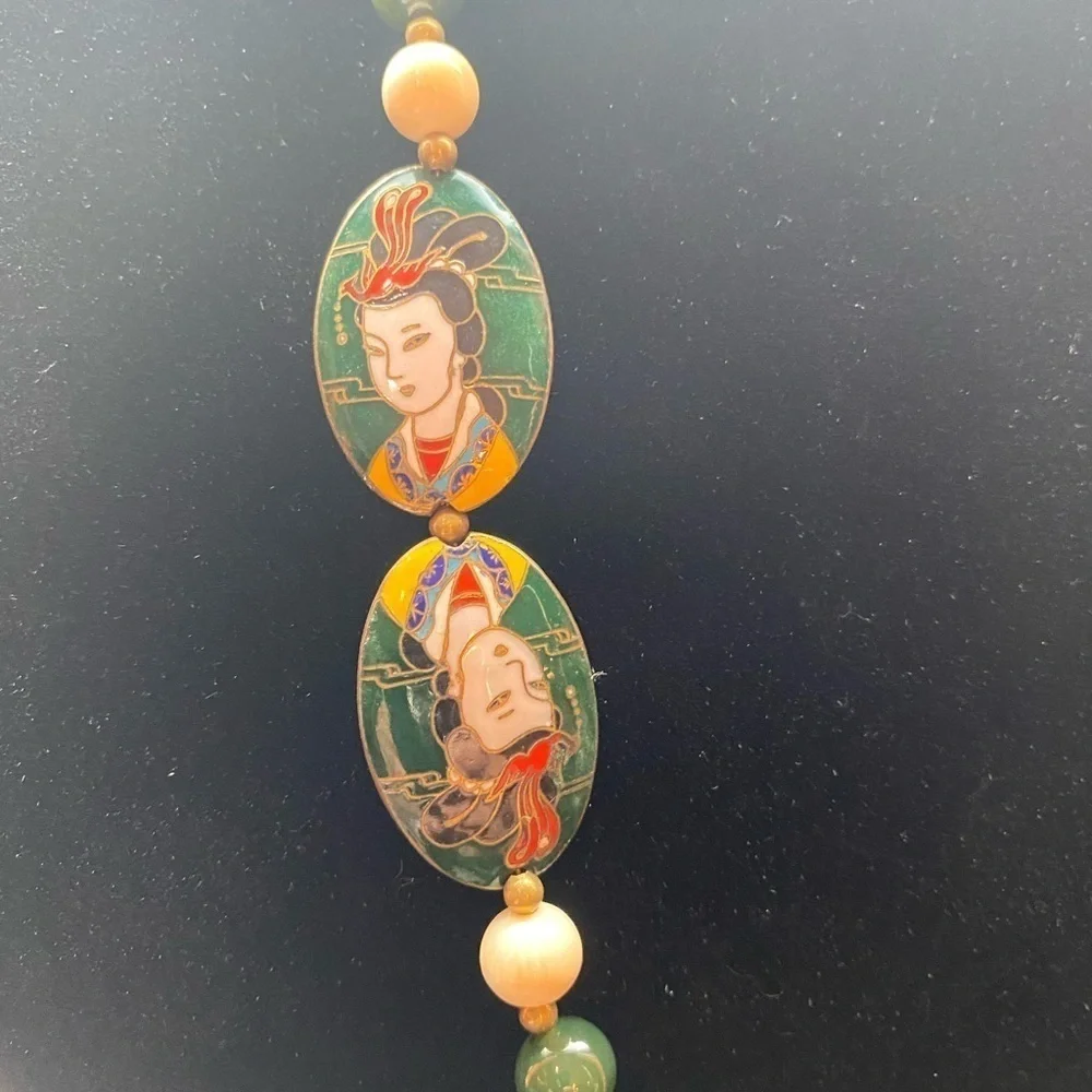 Exquisite Vintage Chinese Cloisonne, Grade A Jade with Silver Clasp Necklace